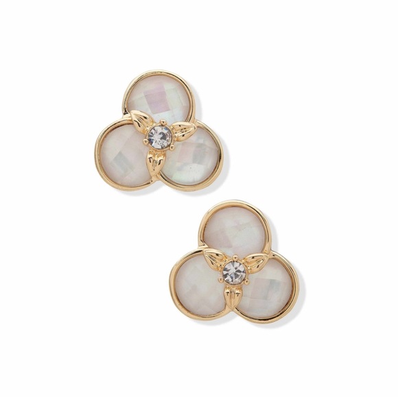 Anne Klein White Flower Button Clip Earrings - Picture 2 of 5
